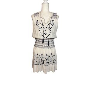 Les Petites white sleeveless navy embroidered dress with tassle tie neck - L